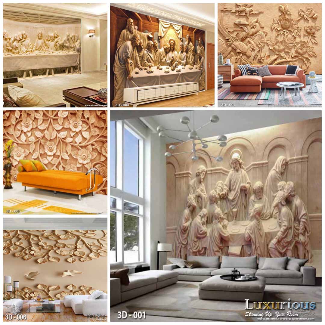 Wallpaper 3D Custom Pahatan Relief Ukiran Last Supper Bunga Perjamuan Terakhir